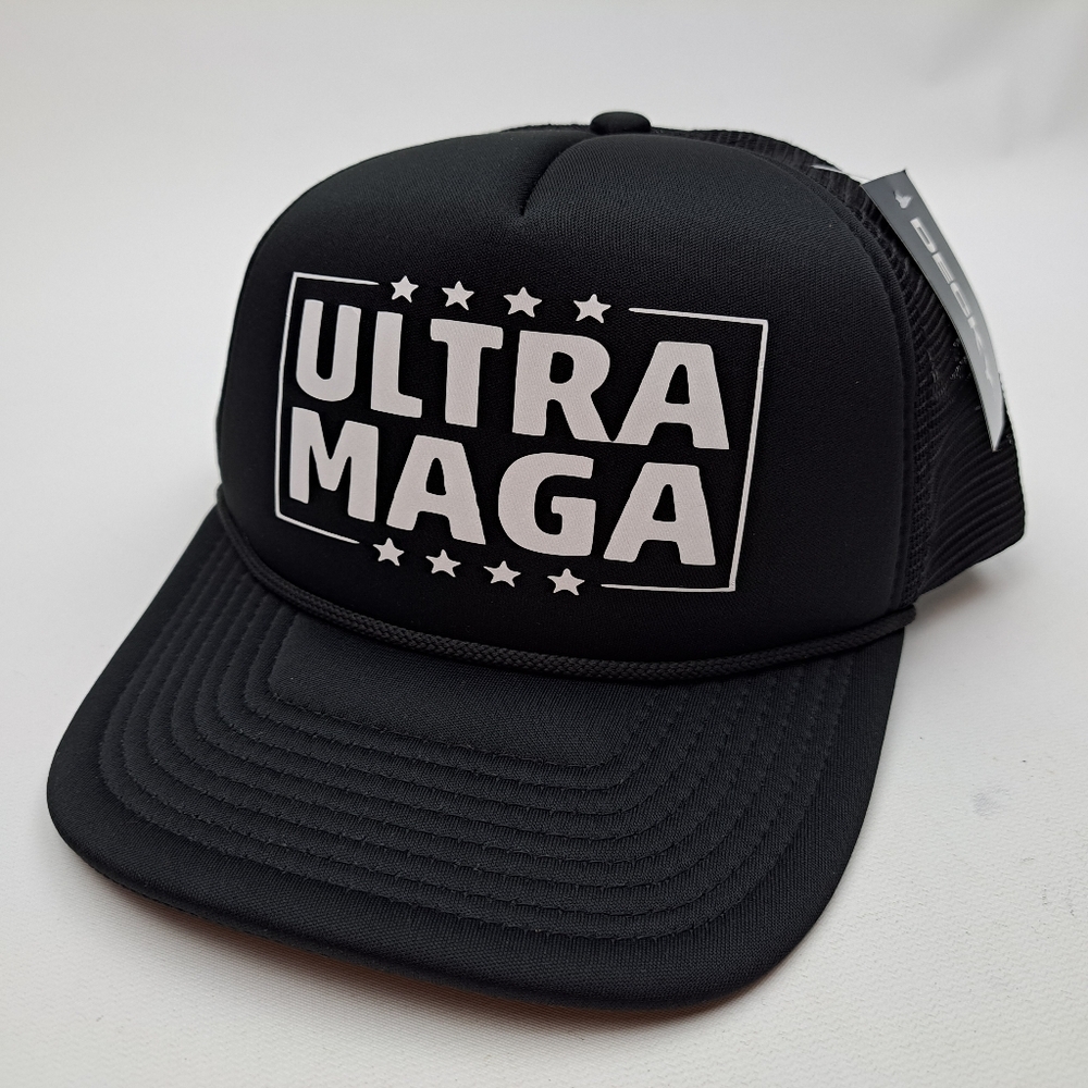 Ultra MAGA Trump 2024 Foam Trucker Mesh Snapback Hat Cap Black HTV